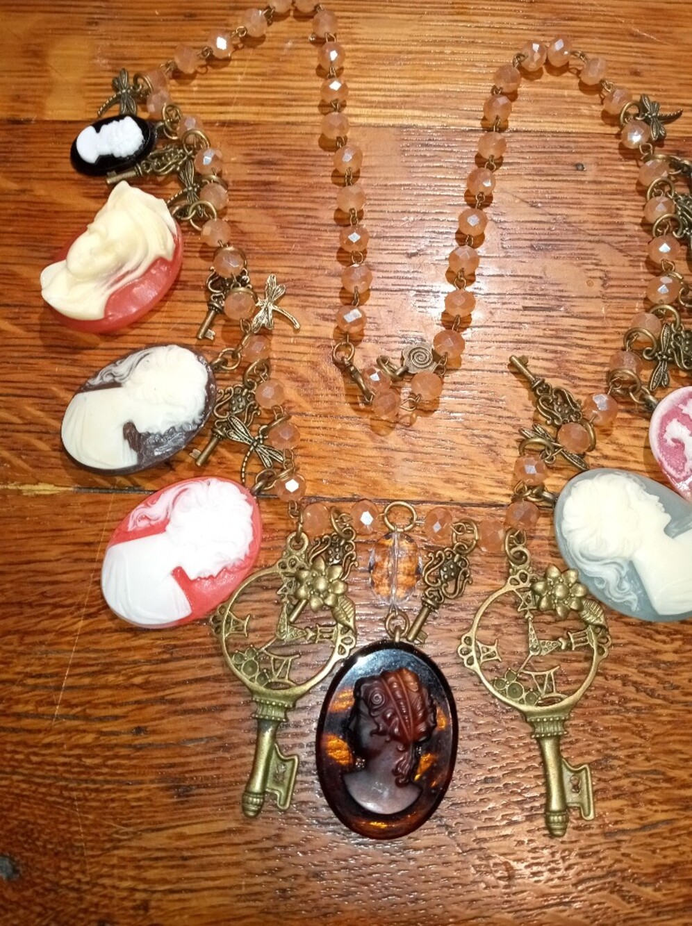 Gina Burns Multicolor Cameo Charm Necklace with Antique Gold Keys One Of A Kind